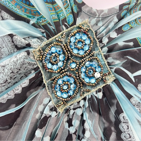 Y2K Green Paisley Butterfly Fairy Flutter Dress Sz P Small Beaded V-neck APT 9 - Picture 7 of 12